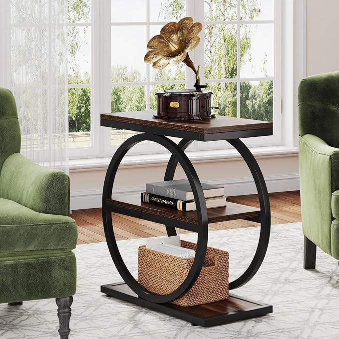 LITTLE TREE 3-Tier End Table, Industrial Side Table with Storage Shelves, Small Sofa Side Table for Living Room, Wooden Side End Table with Double Round Metal Legs