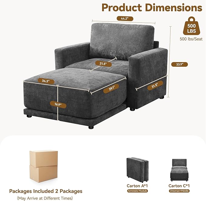 44.2" Chenille Oversized Chair with Movable Ottoman, Modular 1 Seat Couch with Thickened Cushions, Modern Single Sofa Chaise Lounge Reading Chair for Living Room, Small Apartment, Grey