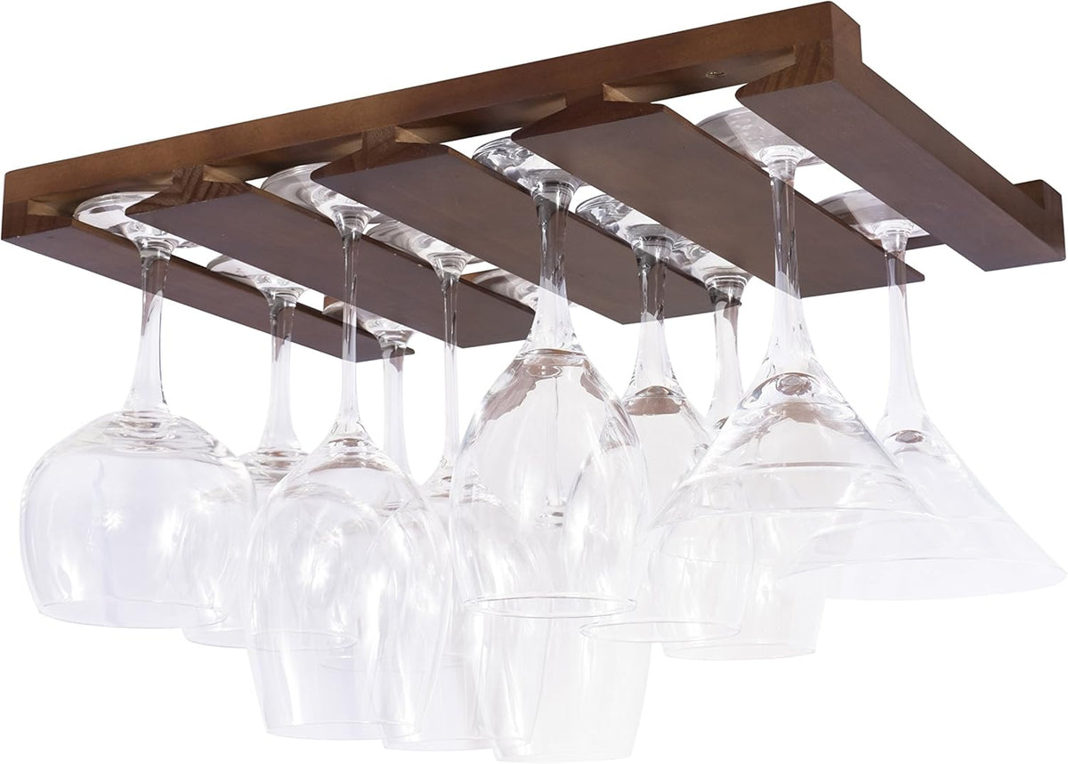 Rustic State Eze 4 Sectional Under Cabinet Mount Wood Stemware Rack Hanging Shelf Glassware Holder Bar Organizer with up to 12 Wine Glass Storage 12 Inch Deep Chestnut