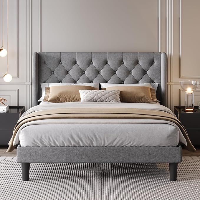 SHA CERLIN Queen Size Upholstered Platform Bed Frame with Wingback Headboard, Tufted Linen Fabric, Wooden Slats Support, Easy Assembly, No Box Spring Needed, Light Grey