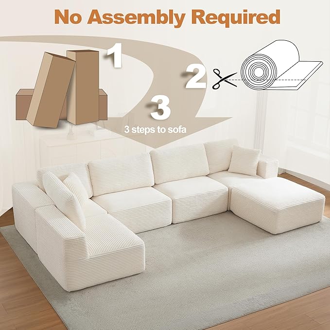 Modular Sectional Cloud Couch for Living Room,Modern Boneless Couche Set with Plush Corduroy,Comfy Floor Sofa with Memory Foam,Stupendous U Shaped Sofa with Ottoman,No Assembly Required,Beige