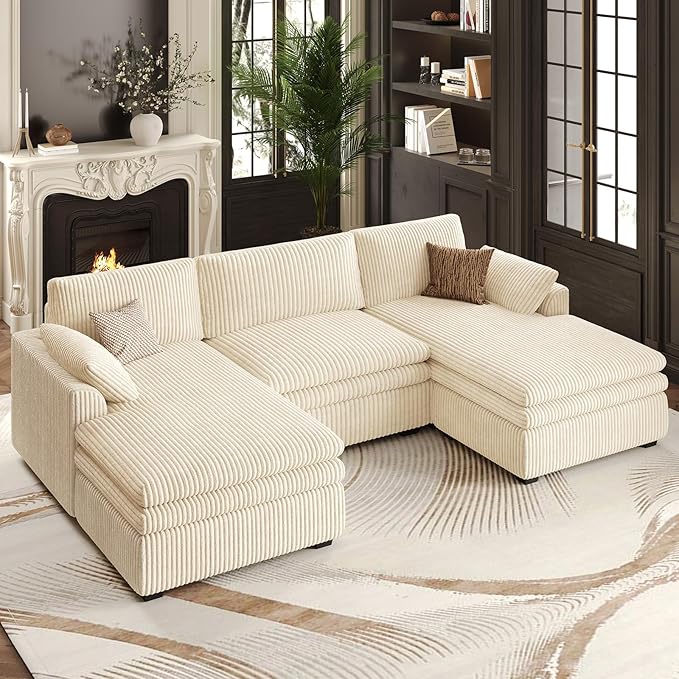 Belffin Large Modular Sectional Sofa with Double Deep Chaise, 104" Corduroy U Shaped Couch with 9" Soft Dual-Layer Seats Cushion Sectional Couches for Living Room, Apartment, Beige