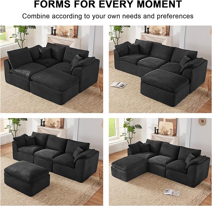 112" Cloud Sectional Couch, Boneless Couches for Living Room, L Shaped Couch with Convertible Ottoman, Modular Sectional Sofa with Deep Seat, Comfy Soft Cushions, No Assembly, Black