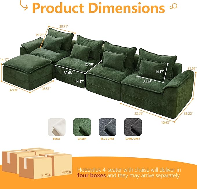 Hobestluk Cloud Modular Sectional Couch 4-Seater Sofa with Ottoman L Shaped Couch Deep Seat Sofa with Removable Cover Large Sofa for Living Room (Green, 4-Seater Sofa with One Ottoman)