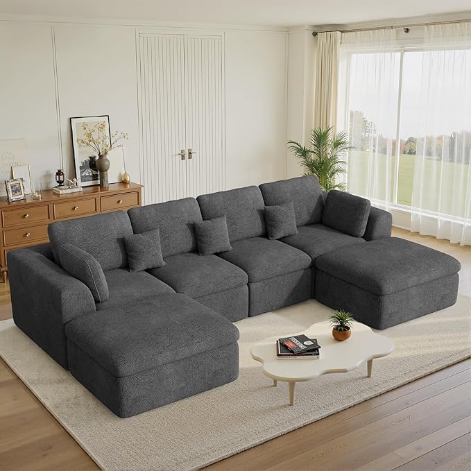 144" Cloud Sectional Couches for Living Room, Convertible U-Shape Couch with Ottoman, 6 Seater Modular Sectional Sofa,DarkGary Chenille