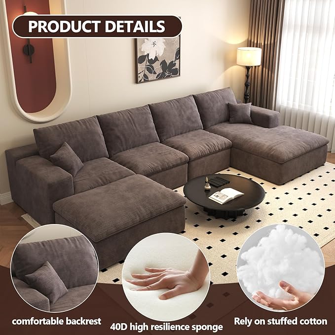 136.6'' U-Shaped Modern Modular Sectional Cloud Couch Whit Ottoman, 4-Seat Chenille Deep-Seat Sofa with Pillow for Living Room, Bedroom, Apartment, Camel