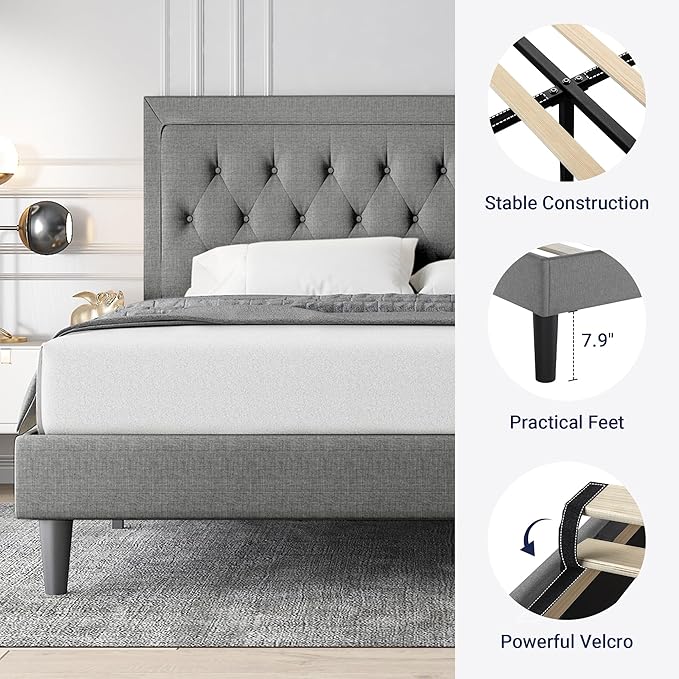 Allewie Full Size Upholstered Platform Bed Frame with Adjustable Headboard, Button Tufted, Wood Slat Support, Easy Assembly, Light Grey