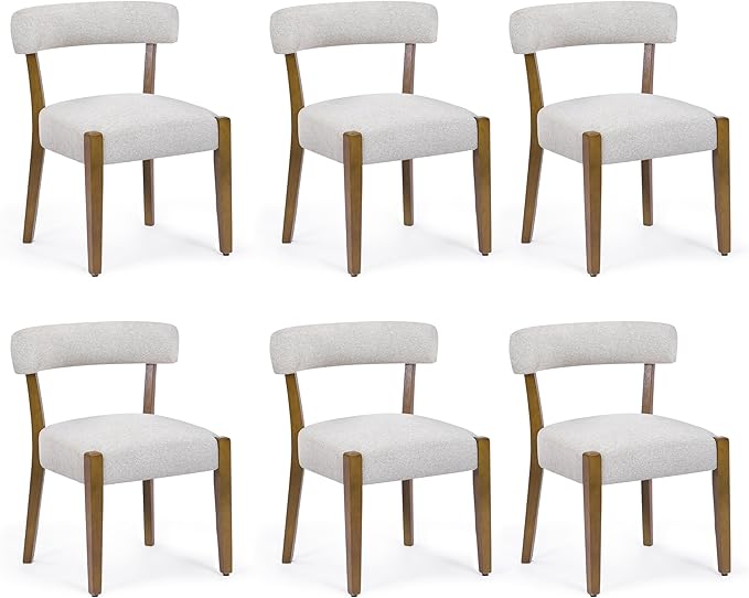Modern Dining Chairs Set of 6, Walnut Upholstered Kitchen & Dining Room Chairs, Mid Century Modern Wooden Dining Chairs Oversized Sturdy Rounded Chairs Curved Back, Beige Fabric