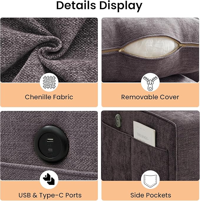 RISAR 100" L-Shaped Sofa with Chaise and Built-in Storage for Living Room, Couch with Chenille Fabric, Removable Cushion Covers & USB Type-C Ports (Dark Gray)