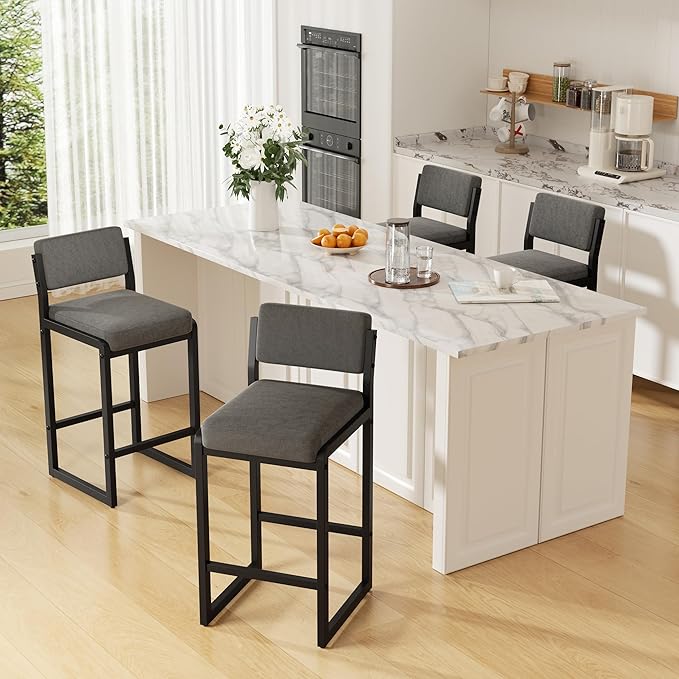 Bar Stools Set of 5, Fabric Counter Height Bar Stools with High Back and Metal Legs, Upholstered Bar Chairs, 26" Modern Barstools for Kitchen Island, Grey