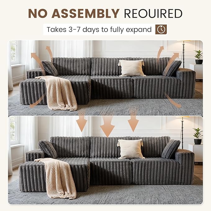 Apicizon 113" Modular Sectional Couch for Living Room, L Shaped Sectional Sofa Couch with Deep Seat, 3 Seat Boneless Sofa with Chaise Longue for Apartment，No Assembly Required (Plush Corduroy Gray)