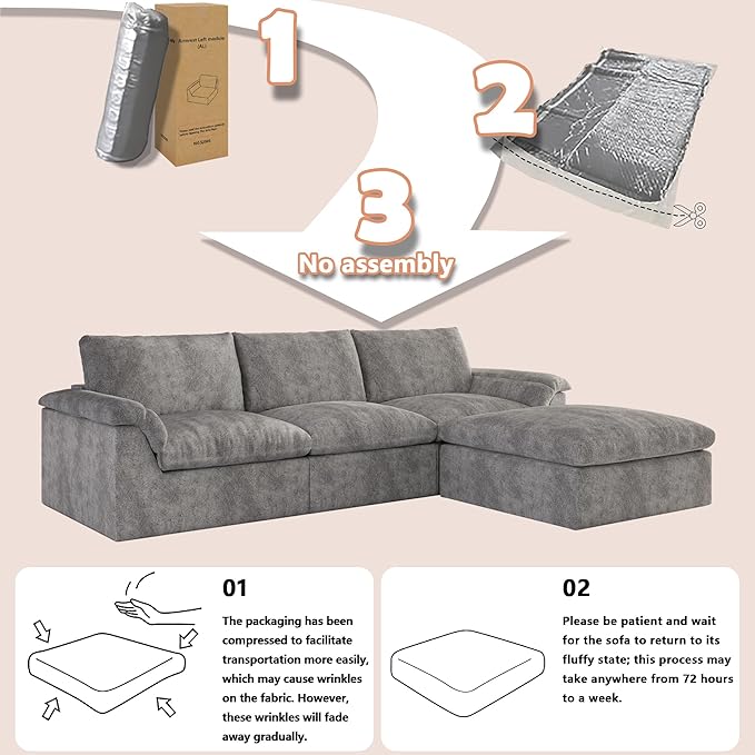 EASE MOOSE Oversized Sectional Cloud Couch for Living Room, L-Shaped Modular Boneless Sofa, Cloud Sofa Set with Fluffy Foam, 4-Seat Deep Comfy Sofa with Ottoman for Bedroom Apartment, Chenille (Grey)