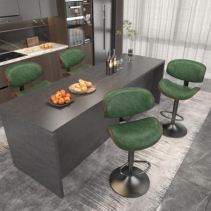 Bar Stools Set of 2, Bar Stools for Kitchen Island with Bentwood Back and Leather Seat, Green