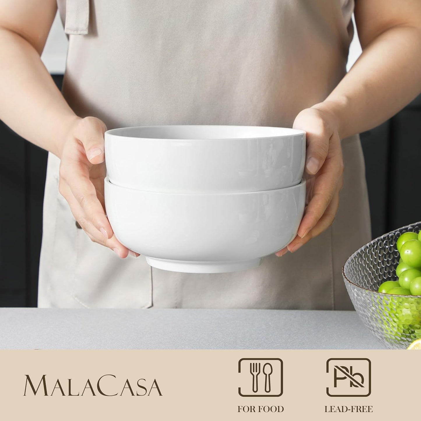 MALACASA Salad Bowls Set, 44 OZ (7") Large Soup Bowls Cereal Bowl for Kitchen, White Ceramic Bowls Set of 2, Dishwasher & Microwave Safe,Series REGULAR