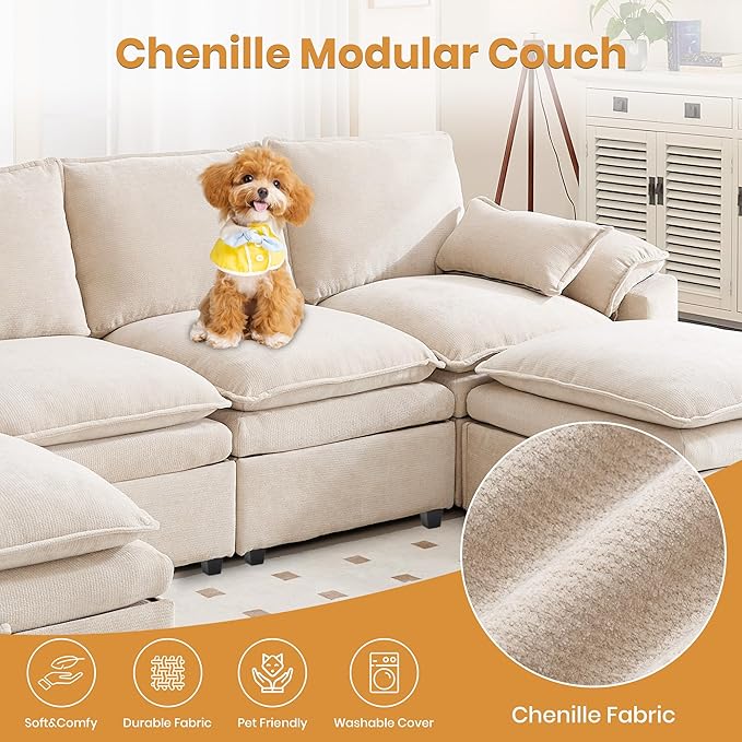 130" U Shaped Modular Sectional Sofa, Couch with Ottoman Storage, Chenille Cloud Couch with Plush Deep Seating for Living Room, Bedroom (6 Seat, Beige)