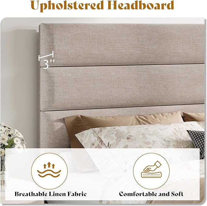 AMERLIFE Queen Size Bed Frame with Linen Upholstered Headboard, Modern Platform Bed with Wooden Slats Support, Noise-Free, No Box Spring Needed, Easy Assembly, Beige