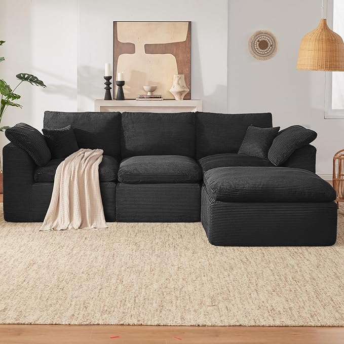 112" Cloud Sectional Couch, Boneless Couches for Living Room, L Shaped Couch with Convertible Ottoman, Modular Sectional Sofa with Deep Seat, Comfy Soft Cushions, No Assembly, Black