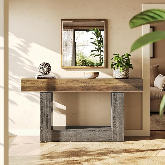 LITTLE TREE 63 Inches Long Console Table, 2-Tier Farmhouse Sofa Table Behind Couch, Large Narrow Entryway Table for Living Room, Wooden Hallway Foyer Table with Heavy Duty Base, Rustic Brown and Grey