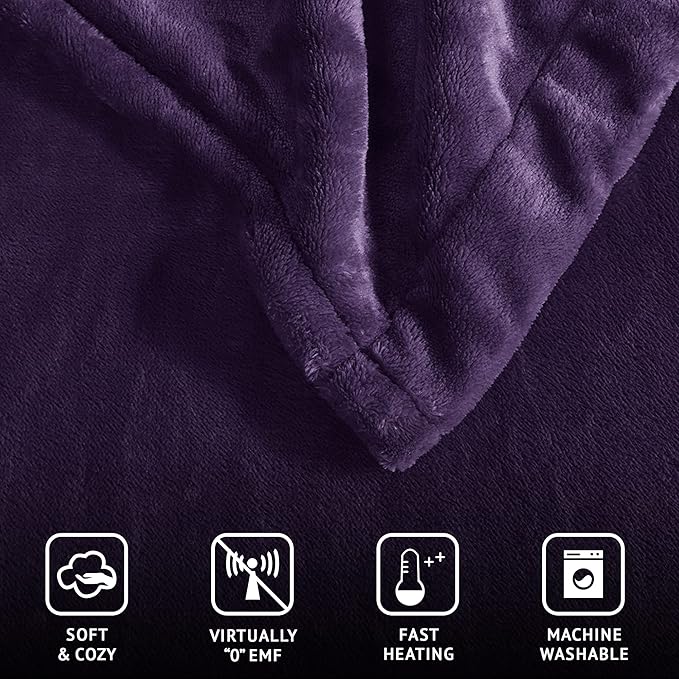 Beautyrest Heated Electric Blanket for Cold Weather, Fast Heating Heated Blanket, Auto Shut Off, Virtually Zero EMF, Multi Heat Setting, UL Certified, Purple Twin (84 inx62 in)