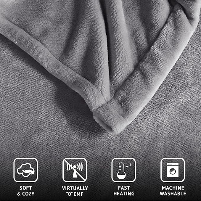 Beautyrest Heated Electric Blanket for Cold Weather, Fast Heating Heated Blanket, Auto Shut Off, Virtually Zero EMF, Multi Heat Setting, UL Certified, Grey Queen (90 inx84 in)
