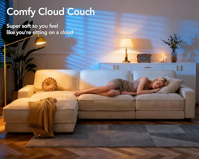 Sunny Heart 120" L-Shaped Modular Sectional Sofa, Oversized Cloud Couch with Movable Ottoman, 4-Seat Chenille Deep Seat Sofa with Pillow, Sectional Couches for Living Room, Apartment, Beige