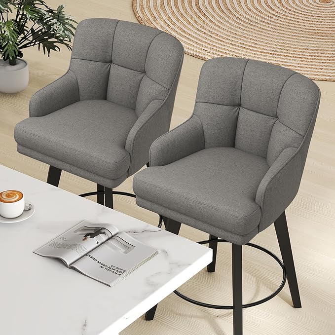 360°Swivel Counter Height Bar Stools with Back, 30 inch Solid Wood Legs, Bar Stool Modern Kitchen Island Chairs, Fabric (Mid-Grey- Fabric, 30" H- Set of 2)