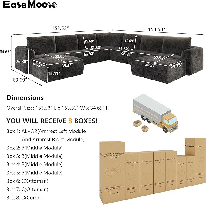 EASE MOOSE Oversized Sectional Cloud Couch, 9-Seat Modular Boneless Sofa Set with Deep Seat, No-Assembly Chenille Sofa for Living Room, Dark Grey