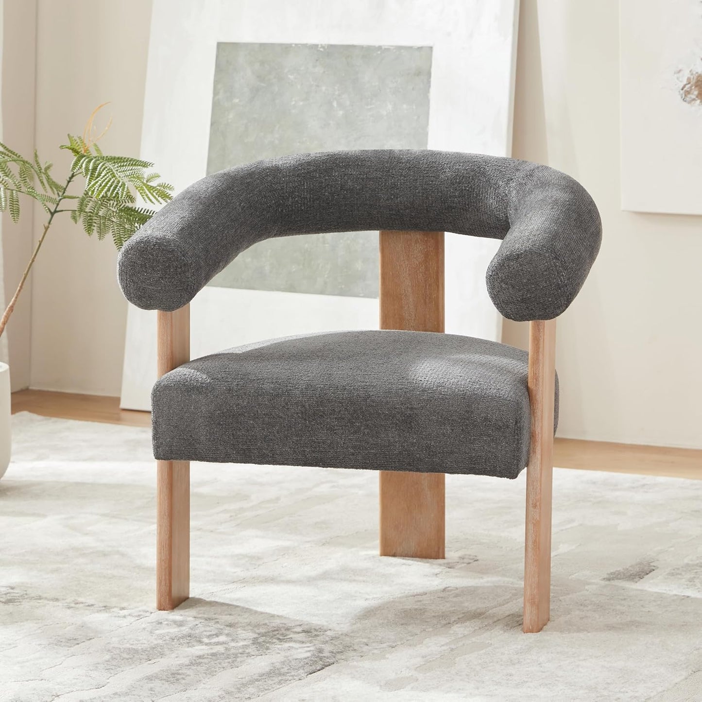 VKNOW Accent Chair Living Room Chair Set of 2, Modern Upholstered Armchair with Solid Wood Legs, Comfy Barrel Arm Chairs for Living Room Bedroom, Dark Grey