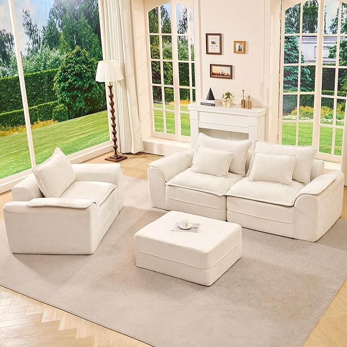 Hobestluk Cloud Single Sofa Memory Foam Couch with Deep Seat L Shaped Sofa with Removable Cover Large Couch for Living Room (Beige, Single Sofa)