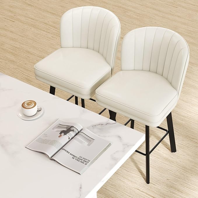 Swivel Counter Height Bar Stools Set of 3, 30'' Modern Barstools with Backs and Metal Legs, Upholstered Bar Chairs, Faux Leather White Stools for Kitchen Island Chairs