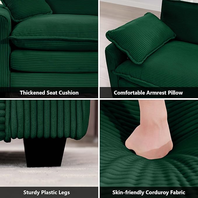mikibama Luxury 3 Piece Sofa Set, 3-Seater & 2 Loveseat Couch Set, Modern Corduroy Comfy Cloud Couches Set for Living Room Office with 6 Armrest Pillows and 7 Toss Pillows, Green