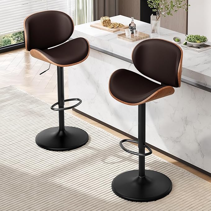 Furniliving Adjustable Bar Stools Set of 2, Swivel Bentwood Barstools Counter Height Bar Stools, Ergonomic Modern Bar Stools with Back Upholstered Barstools for Dining Room, Kitchen, Bar, Brown, PU