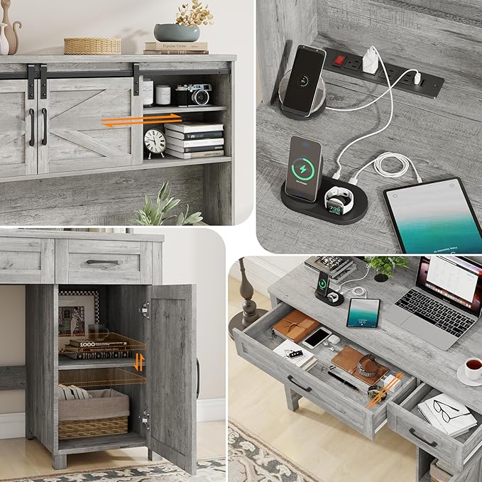 Farmhouse 47" Executive Computer Desk with 2 Drawers and Storage Cabinet, Home Office Desk with Hutch and Charging Station, Workspace for Work and Study (Grey).