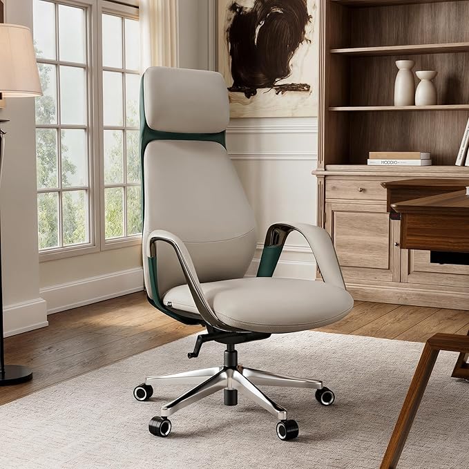 EUREKA ERGONOMIC Comfortable Office Chair Ergonomic Desk Chair, Genuine Leather Office Chair Big and Tall Executive Chair with Lumbar Support, Modern Ergonomic Chair with Wheels for Home Office- Beige