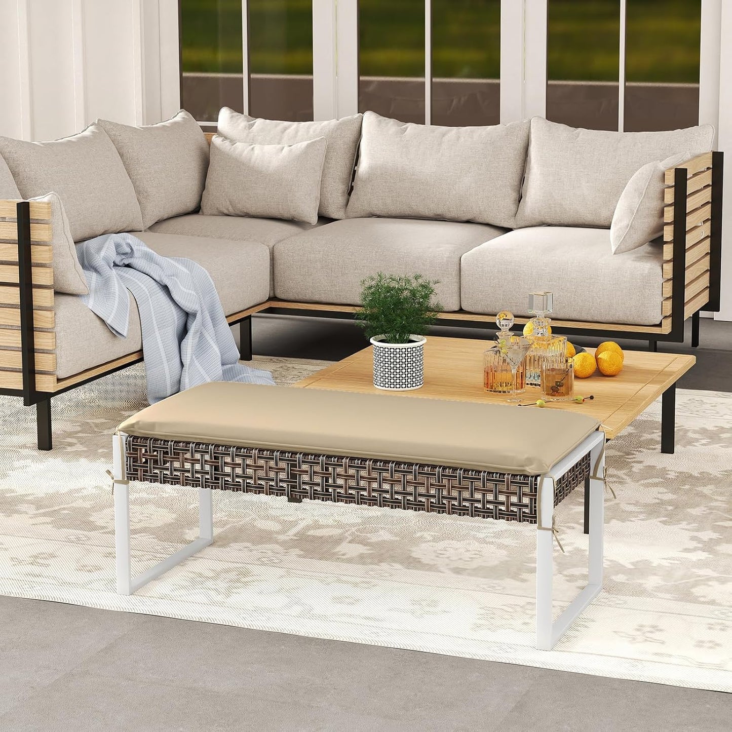 Tangkulka Outdoor Ottoman, Patio Rattan Heavy Duty Wicker Footrest with Soft Cushion & Metal Frame, Extra Seating, for Porch, Backyard, Lawn and Poolside (2)