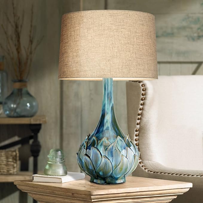 Possini Euro Design Kenya Modern Table Lamp 29 1/2" Tall Blue Green Reactive Glaze Ceramic Beige Linen Tapered Drum Shade for Bedroom Living Room House Home Bedside Nightstand Office Entryway Kids