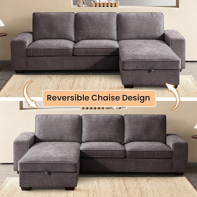 RISAR 100" L-Shaped Sofa with Chaise and Built-in Storage for Living Room, Couch with Chenille Fabric, Removable Cushion Covers & USB Type-C Ports (Dark Gray)