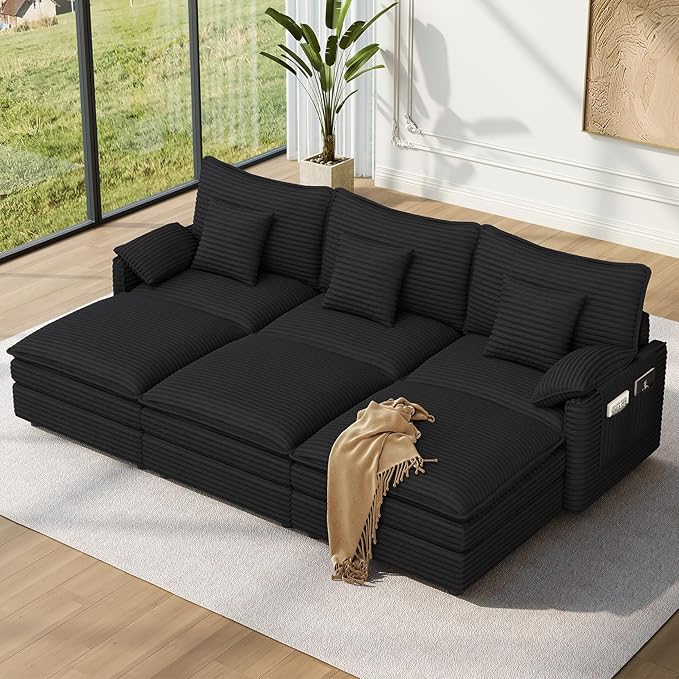 Vesgantti 108" Sectional Sleeper Sofa, 6-Seater Oversized Modular Cloud Couch with Movable Ottoman, Corduroy Large Sofa Bed Convertible Deep Seat Couches for Living Room, Bedroom and Apartment, Black