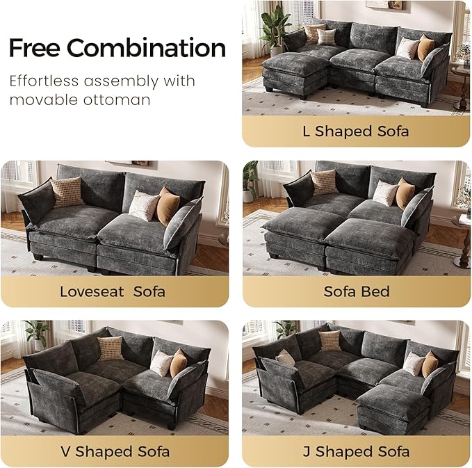 KKL Modular Sectional Sofa, J-Shaped 5 Seater Convertible L-Shaped Cloud Couch with Ottoman, Chenille Modern Sectional Couches for Living Room, Apartment Grey