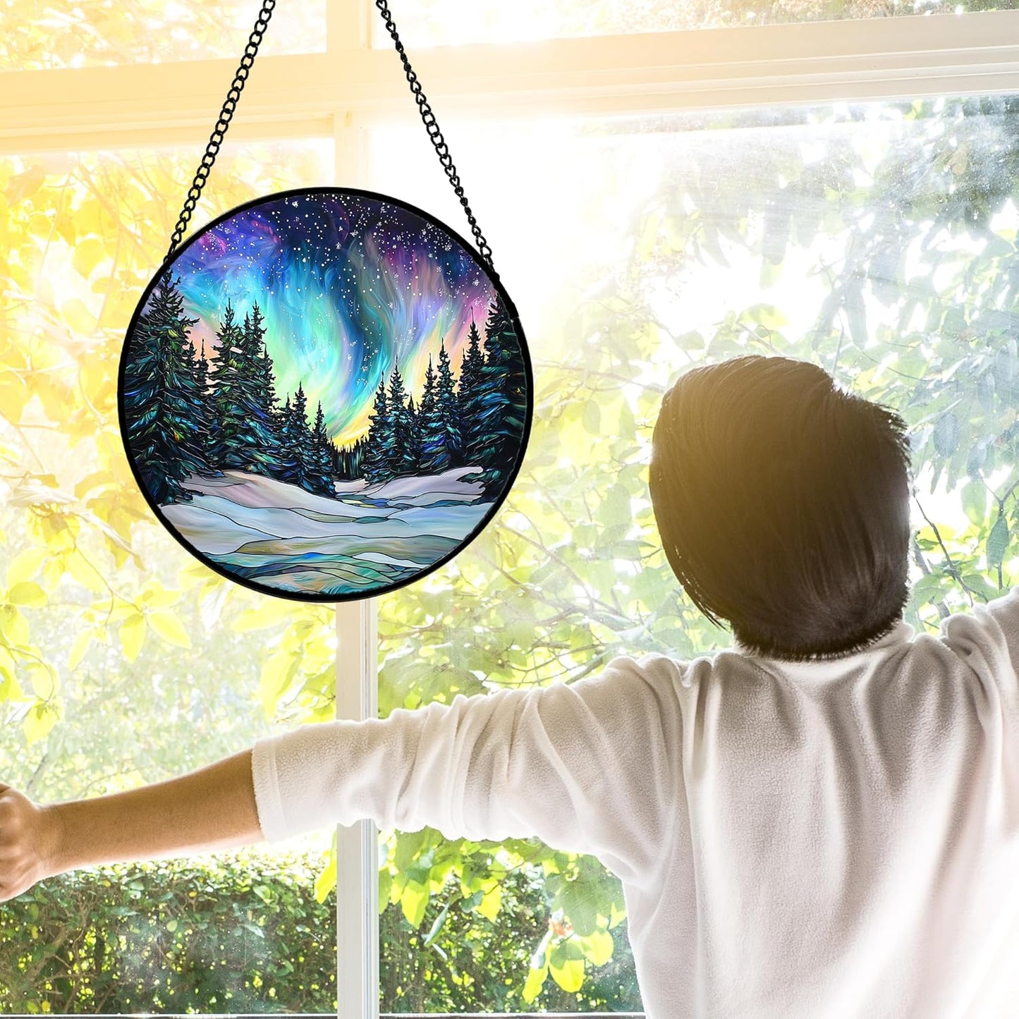 Stained Glass Window Hanging, Aurora Landscape Sun Catchers Glass Panel Green Trees Suncatcher Decor for Birthday for Women, Men, Wife, Aunt, and Mom 11.8x11.8 in