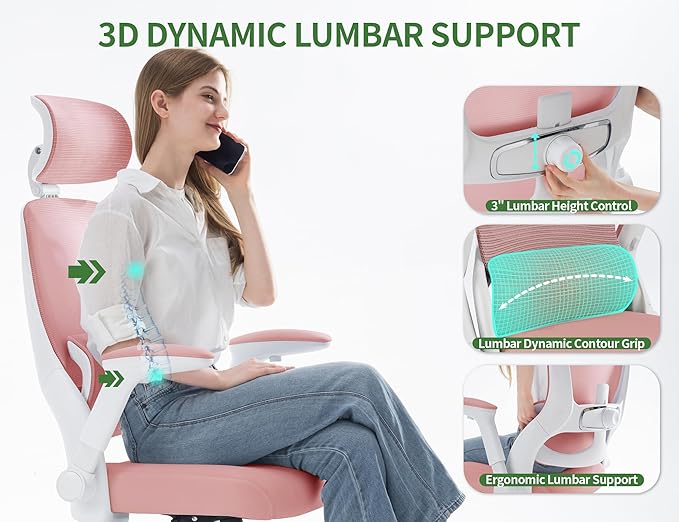 Office Chair Ergonomic Desk Chair, 4000 LBS Home Mesh Office Desk Chairs with Wheels, Computer Chair, Comfortable Gaming Chair with 3D Headrest, High Back Office Chair for Long Hours (Pink)