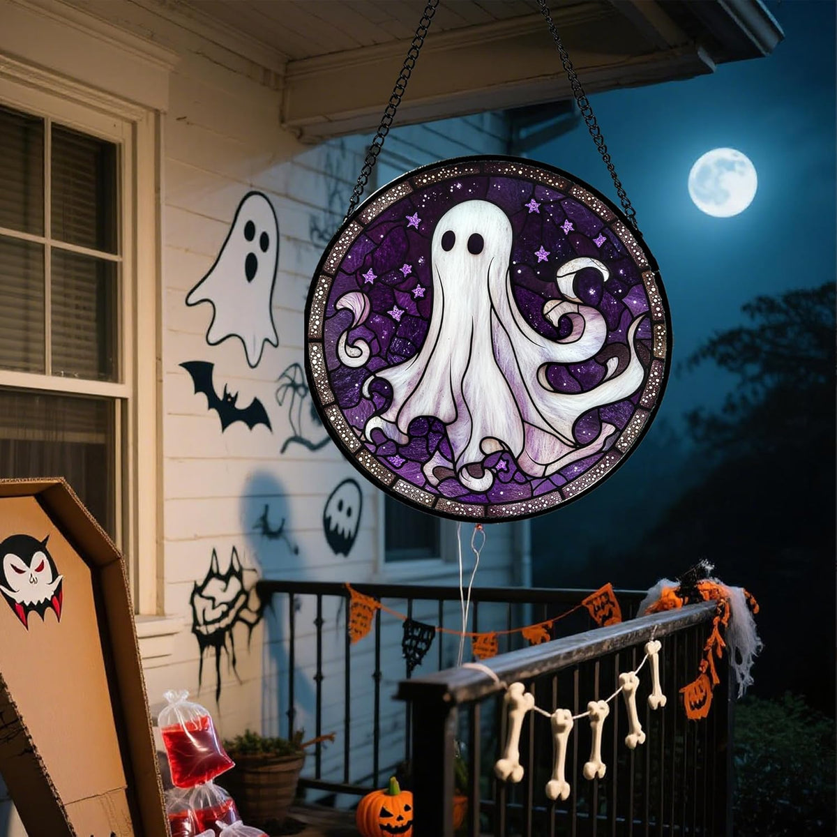 Stained Glass Window Hanging - Halloween Decorations White Ghost Purple Stars Suncatcher for Doors Garden Spooky Funny Sun Catchers Gothic Decor Horror Gifts for Women Men Friend 6.3 in