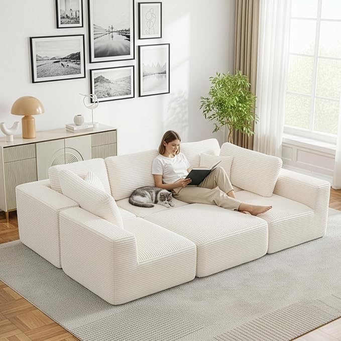 Cloud Modular Sectional Sleeper Sofa,U-Shape Modern Boneless Sectional Couch with Deep Seat,Upholstered Couches for Living Room Bedroom,No Assembly Required,Beige