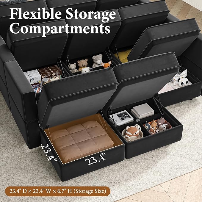 Vesgantti Sectional Sleeper Sofas with Storage, 118" Sofa Bed with 8 Seats Storage Chaises Removeble Cover, Deep Seat Modular Couches Velvet Couch Set for Living Room, Apartment, Home Theatre, Black