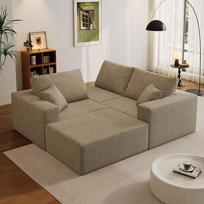 110" Boneless Cloud Sectional Couch for Living Room, Compressed Modular L-Shaped Sofa with Deep Seat, Frameless Corduroy Couch in Boxes, No Assembly Required 3-Seater (Right-Facing Chaise, Grey)