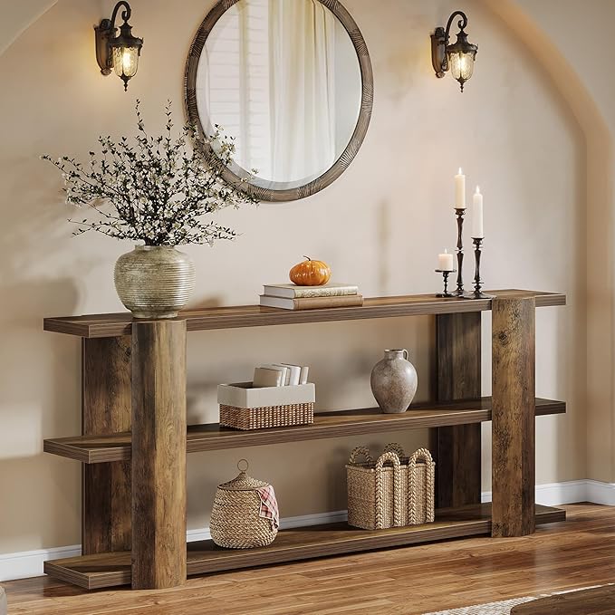 Tribesigns 70.87" Extra Long Console Table for Entryway, Narrow Wooden 3-Tier Sofa Table Behind Couch, Farmhouse Entryway Accent Table for Living Room, Hallway Foyer, Brown