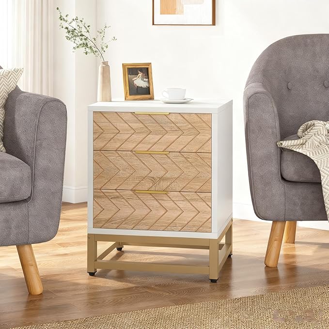 Tribesigns 3 Drawers Nightstand, 2Pcs Modern White and Gold Bedside Table with Metal Legs for Bedroom, Living Room, Apartment