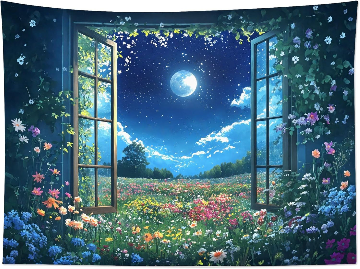 LB Wildflower Moon Tapestry, Window Forest Plant Green Leaf and Garden Colorful Floral Wall Tapestry for Bedroom, Night Sky Wall Art for Living Room Dorm Home Decor Ready to Hanging, 60 x 40 Inches