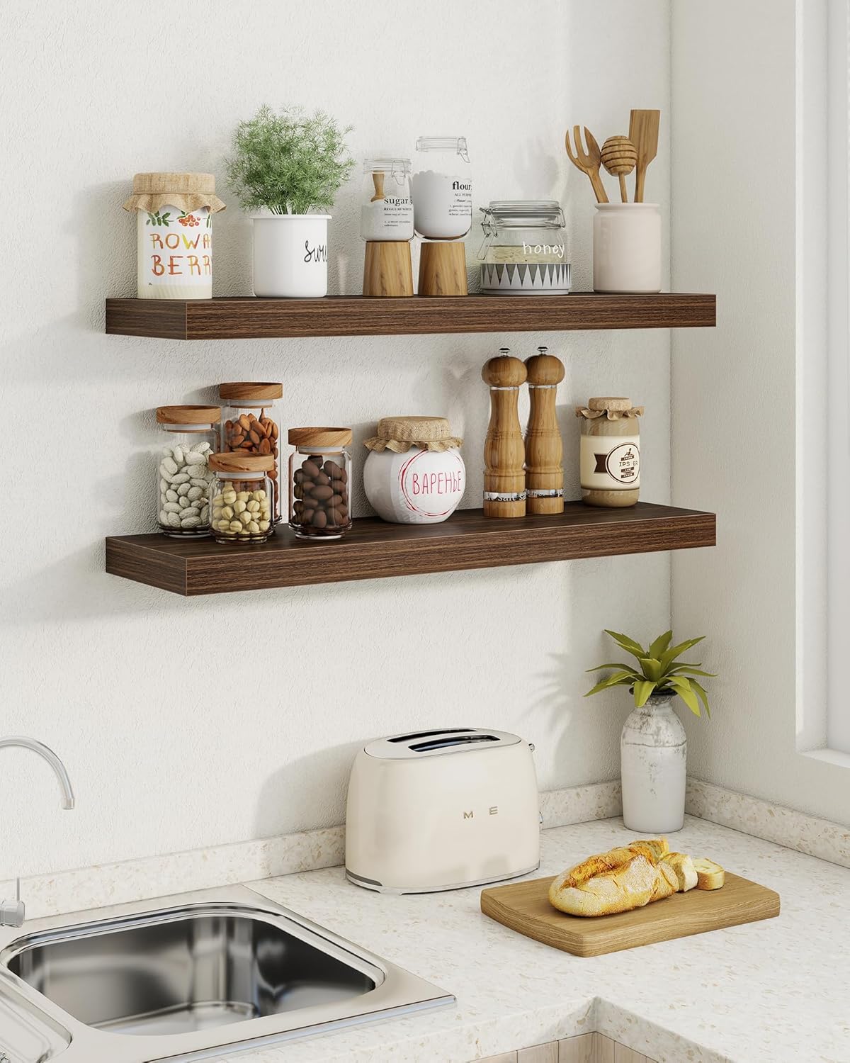 Marsmiles 31.5" Floating Shelves for Wall, Wooden Shelves with Invisible Brackets Set of 2, Rustic Farmhouse Wall Mounted Shelf for Kitchen Bathroom Living Room Study, Walnut