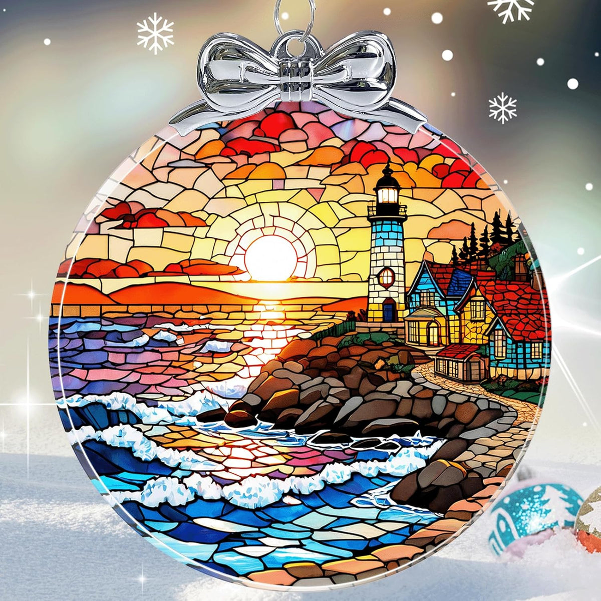 Lighthouse Stained Glass Christmas Ornament - Hanging Ornaments for Christmas Tree Decorations -Holiday Keepsake Present Exchange Idea